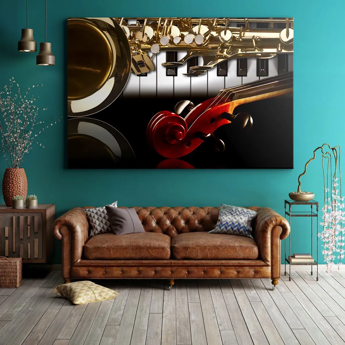 Lærredstryk - Billede på lærred - En gylden saxofon, klavertangenter og en rød violin - 70x50cm - Metalplader, træ og elfenben - Moderne vægdekoration til stue og soveværelse ARTTOR