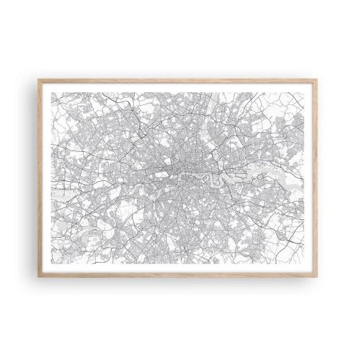 Plakat i ramme af lyst egetræ - Kort over Londons labyrint - 100x70 cm