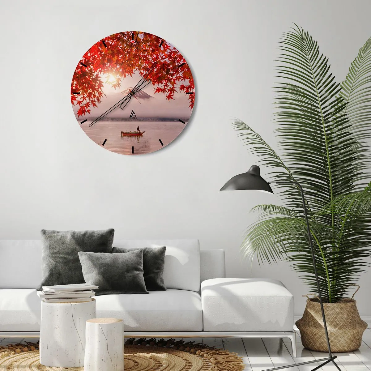 Vægur, Uret - Efterårsblade med Mount Fuji i baggrunden og en båd på en sø - 30x30cm - I en japansk atmosfære - Moderne vægdekoration til stue, køkken og soveværelse ARTTOR