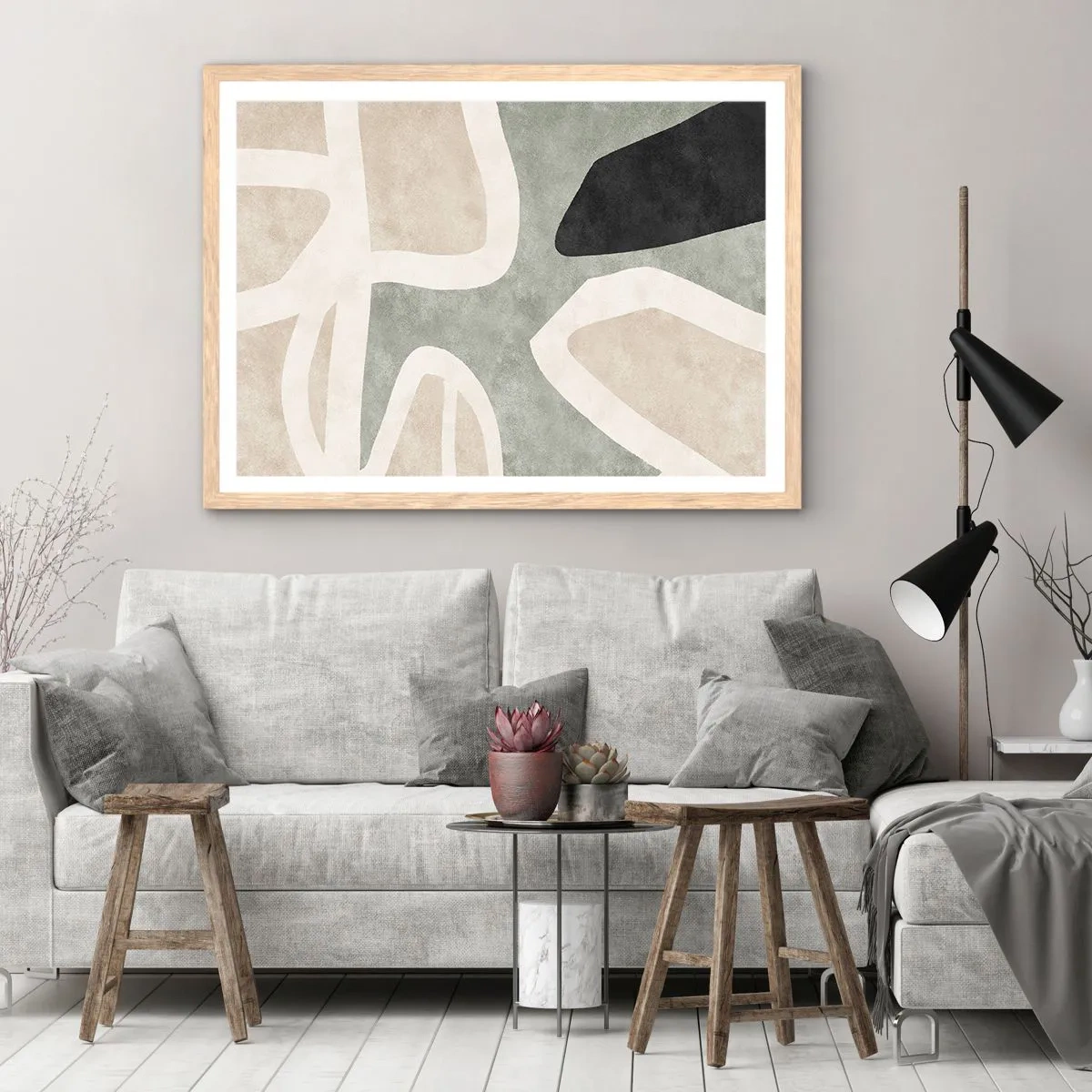 Plakat i ramme af lyst egetræ - Komposition med et sort tema - 70x50 cm
