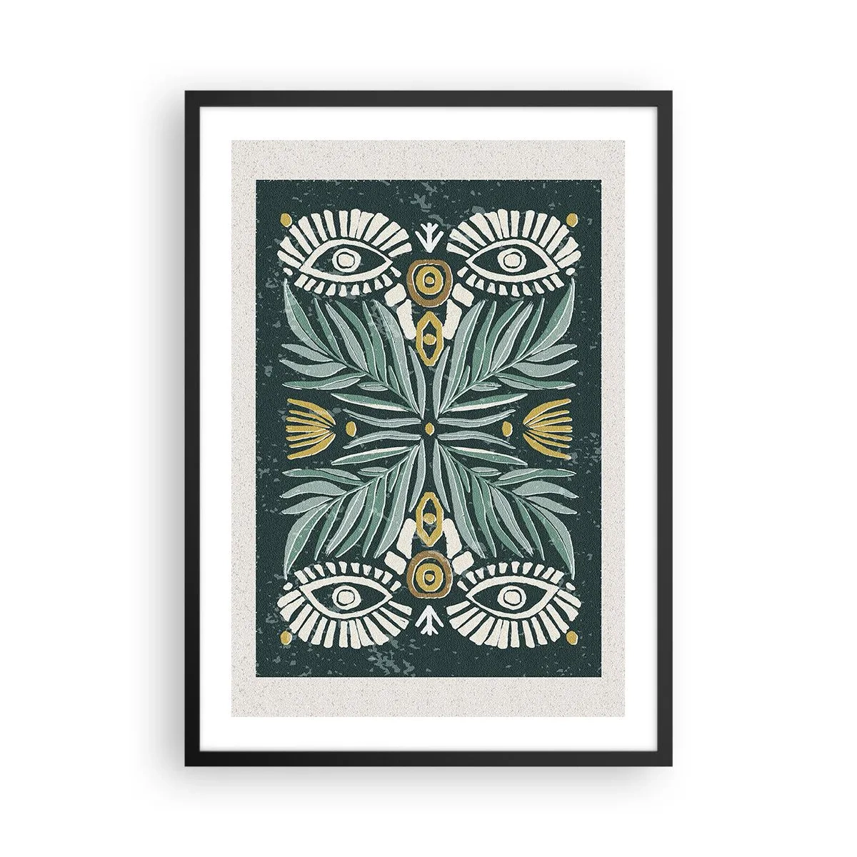 Plakat i sort ramme - Symmetrisk mønster med blade og øjne på en mørk baggrund - 50x70cm - Som en folkeudskæring - Moderne vægdekoration til stue og soveværelse ARTTOR