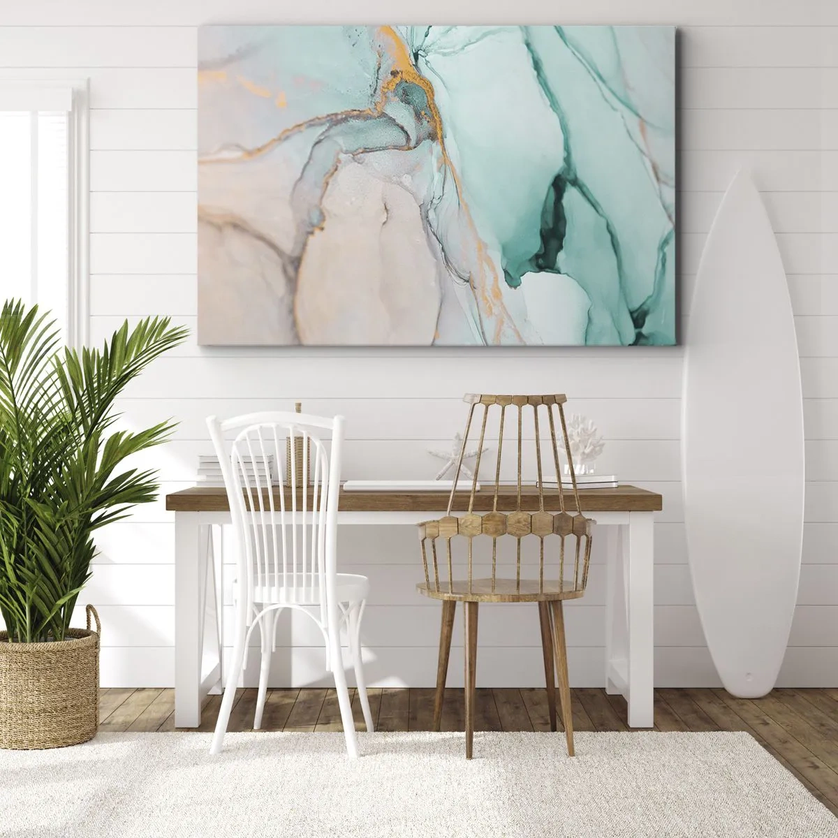 Lærredstryk - Billede på lærred - En abstrakt komposition i nuancer af turkis og guld. - 70x50cm - Dans af former og farver - Moderne vægdekoration til stue og soveværelse ARTTOR