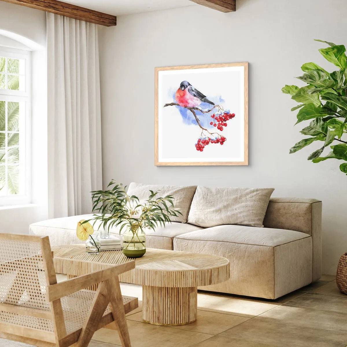 Plakat i ramme af lyst egetræ - Vinter i farver - 40x40 cm