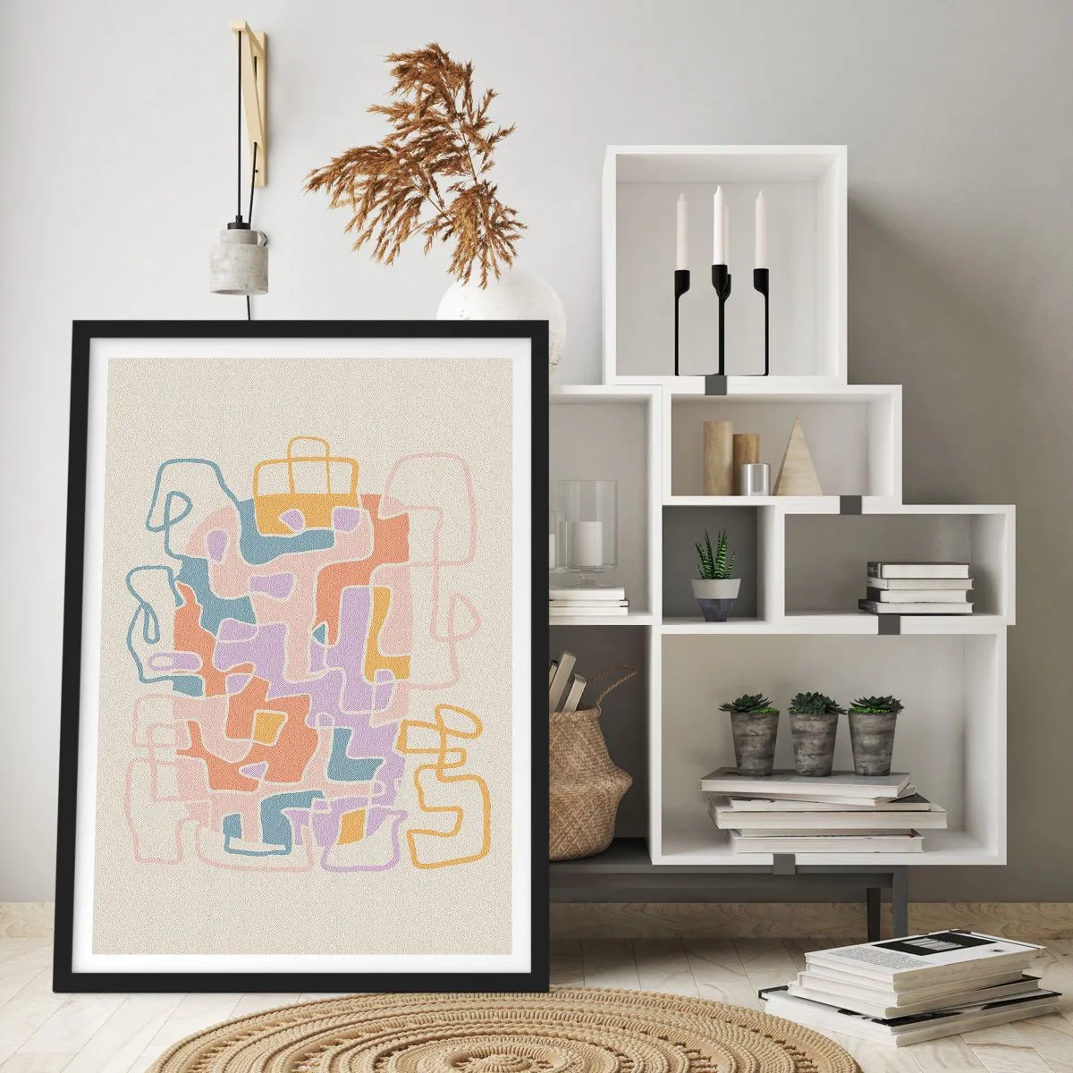 Plakat i sort ramme - Farverig abstraktion med uregelmæssige linjer på en lys baggrund - 50x70cm - Labyrint - et glædeligt eventyr - Moderne vægdekoration til stue og soveværelse ARTTOR