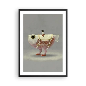 Plakat i sort ramme - En fantasifisk med en sadel og en figur på en grå baggrund - 50x70cm - Rybonski rytter - Moderne vægdekoration til stue og soveværelse ARTTOR