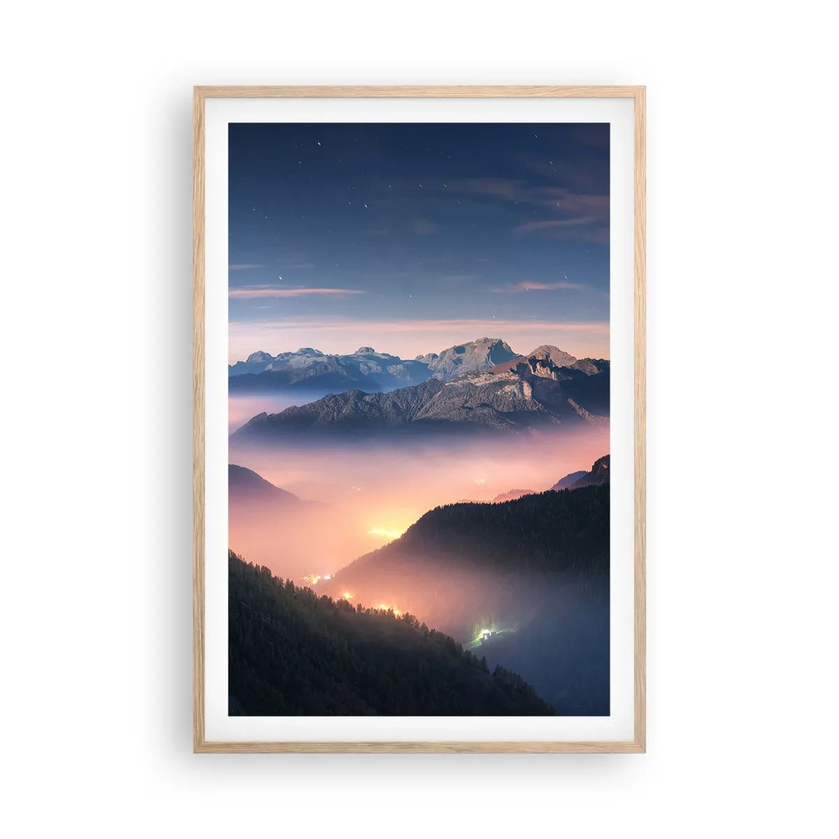 Plakat i ramme af lyst egetræ - Lys i dalene - 61x91 cm