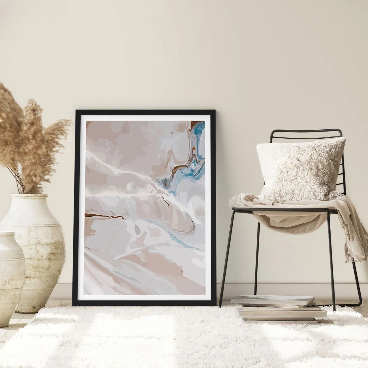 Plakat i sort ramme - Blå slynger sig under det hvide - 40x50 cm
