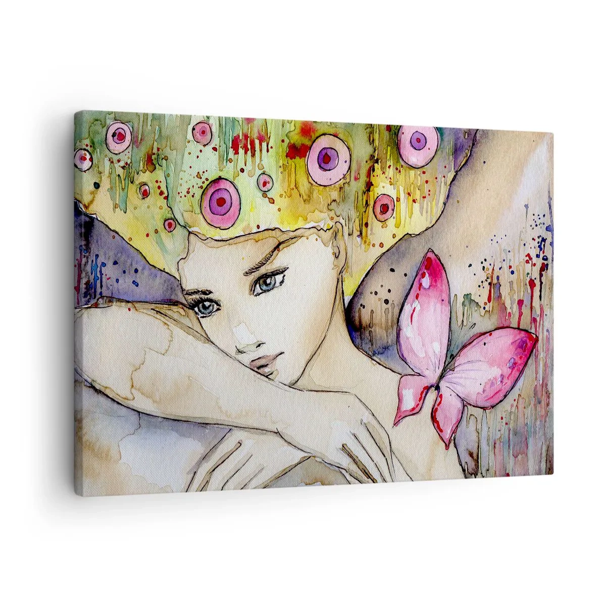 Lærredstryk - Billede på lærred - En kvinde med en abstrakt frisure og en lyserød sommerfugl - 70x50cm - Sommerfugleprinsesse - Moderne vægdekoration til stue og soveværelse ARTTOR