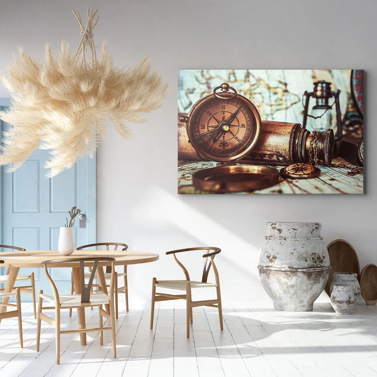 Lærredstryk - Billede på lærred - Et retro sæt med kompas, teleskop og kort i rejsetema - 70x50cm - Der venter dig et pirateventyr i Caribien - Moderne vægdekoration til stue og soveværelse ARTTOR