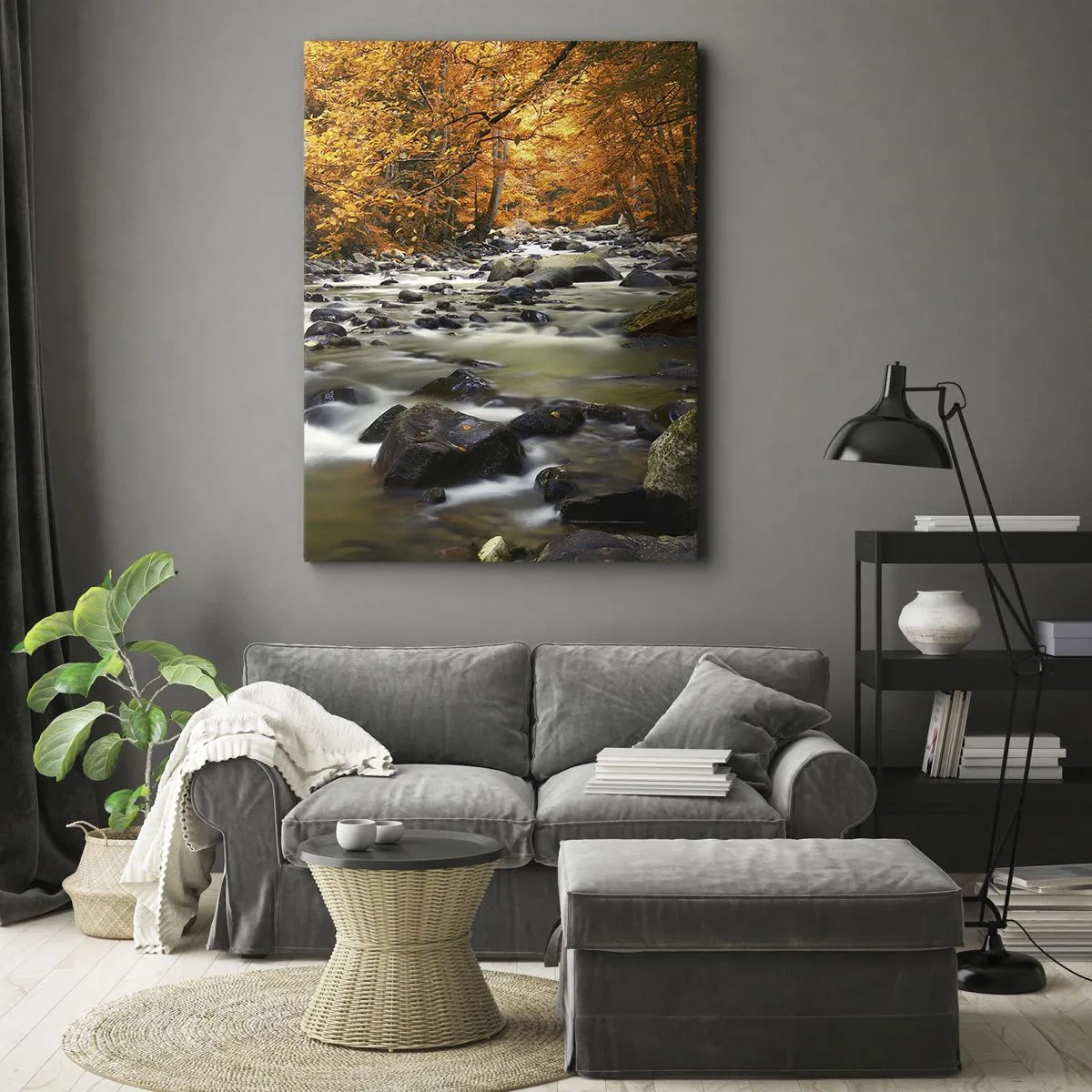 Lærredstryk - Billede på lærred - Et vandløb i den gyldne skov - 50x70 cm