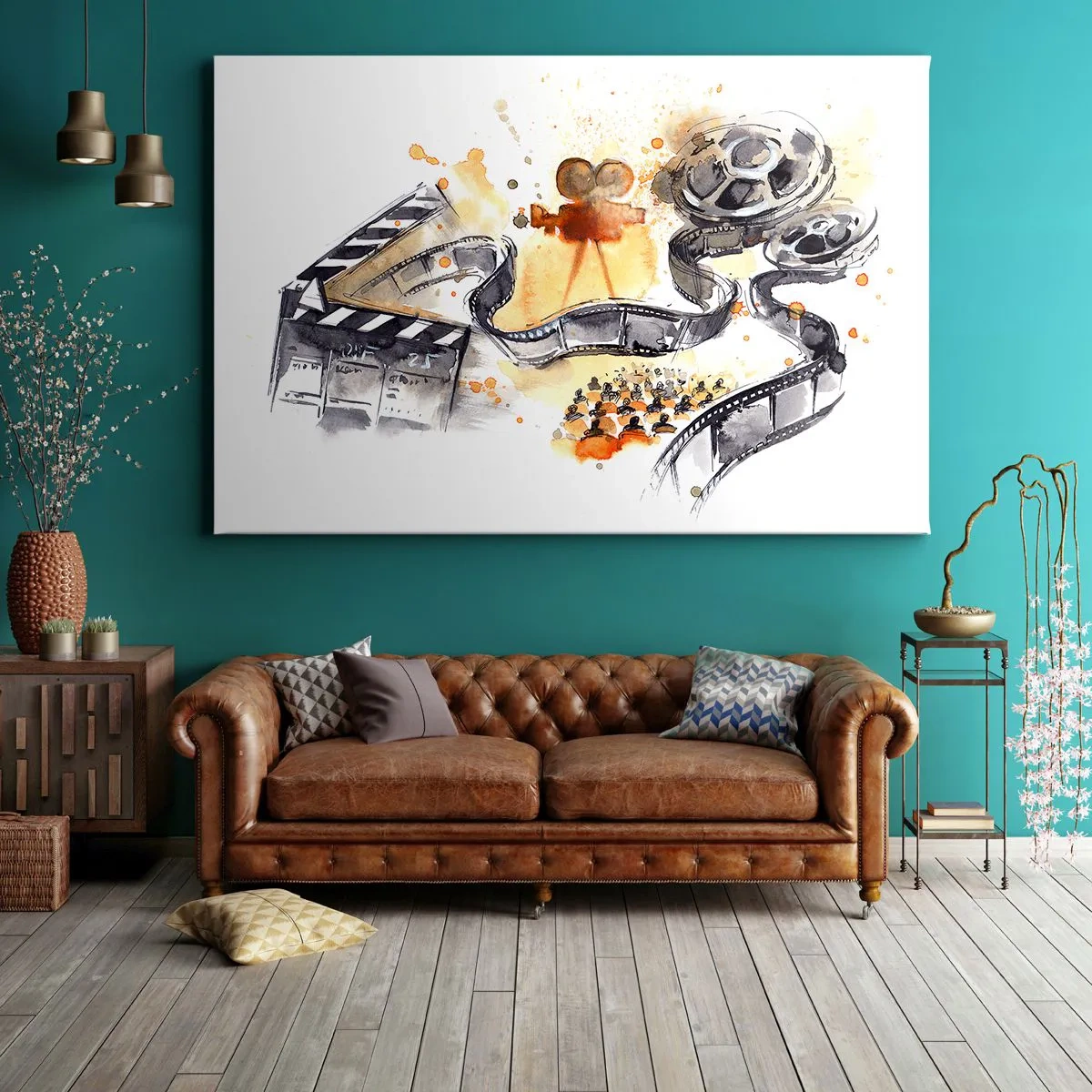 Lærredstryk - Billede på lærred - Filmens symbolik med en filmstrimmel i en kunstnerisk akvarel - 70x50cm - I drømmeland - Moderne vægdekoration til stue og soveværelse ARTTOR