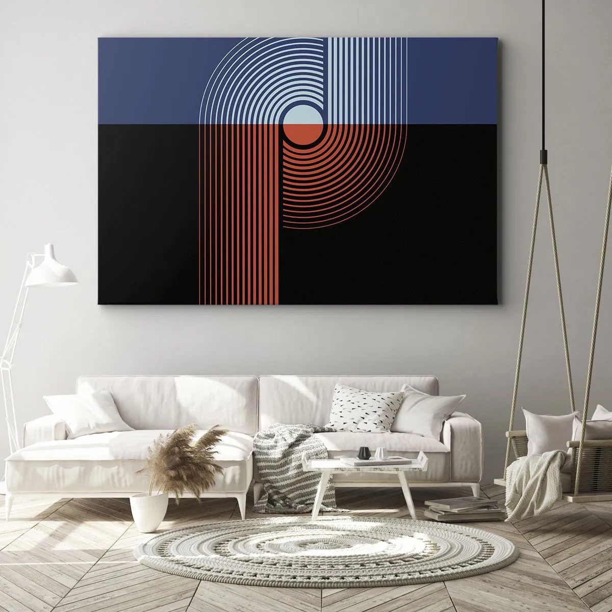 Lærredstryk - Billede på lærred - Geometrisk abstraktion med linjer i marineblå og orange. - 70x50cm - I en geometrisk omfavnelse - Moderne vægdekoration til stue og soveværelse ARTTOR