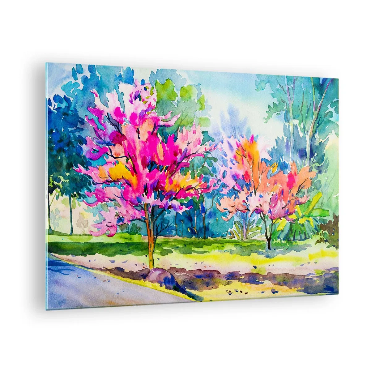 Billede på glas - Farverige træer i parken malet med akvarelteknik - 70x50cm - Regnbuehaven i forårets pragt - Moderne vægdekoration til stue og soveværelse ARTTOR