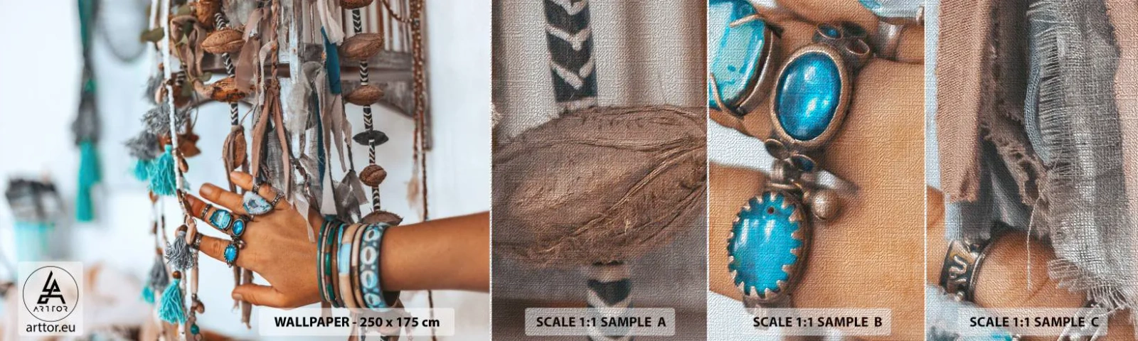 Prøve Fototapet Premium Canvas - Lokale skatte - Kvindehånd, Smykker, Boho - 100x30 cm