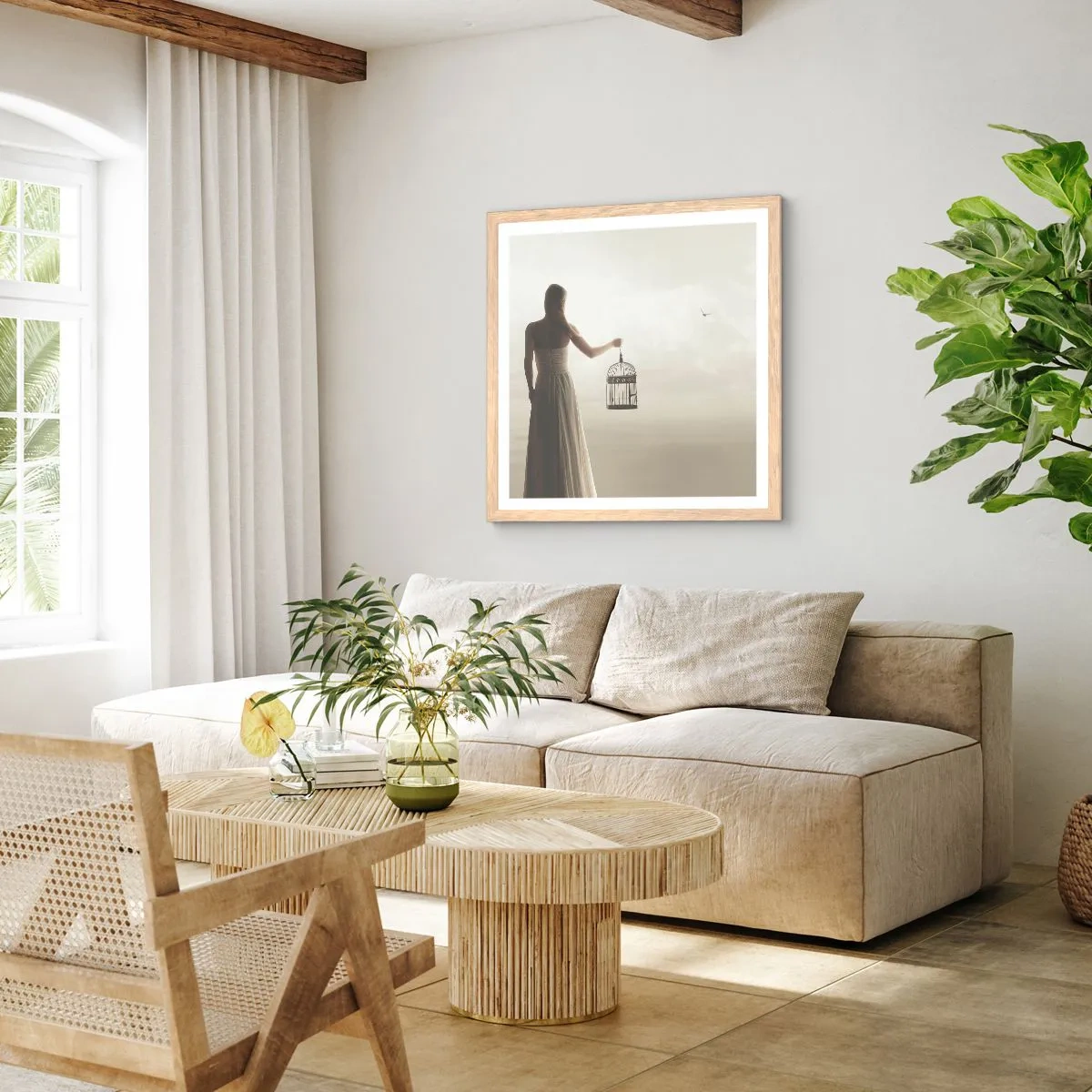 Plakat i ramme af lyst egetræ - Vær fri - 50x50 cm