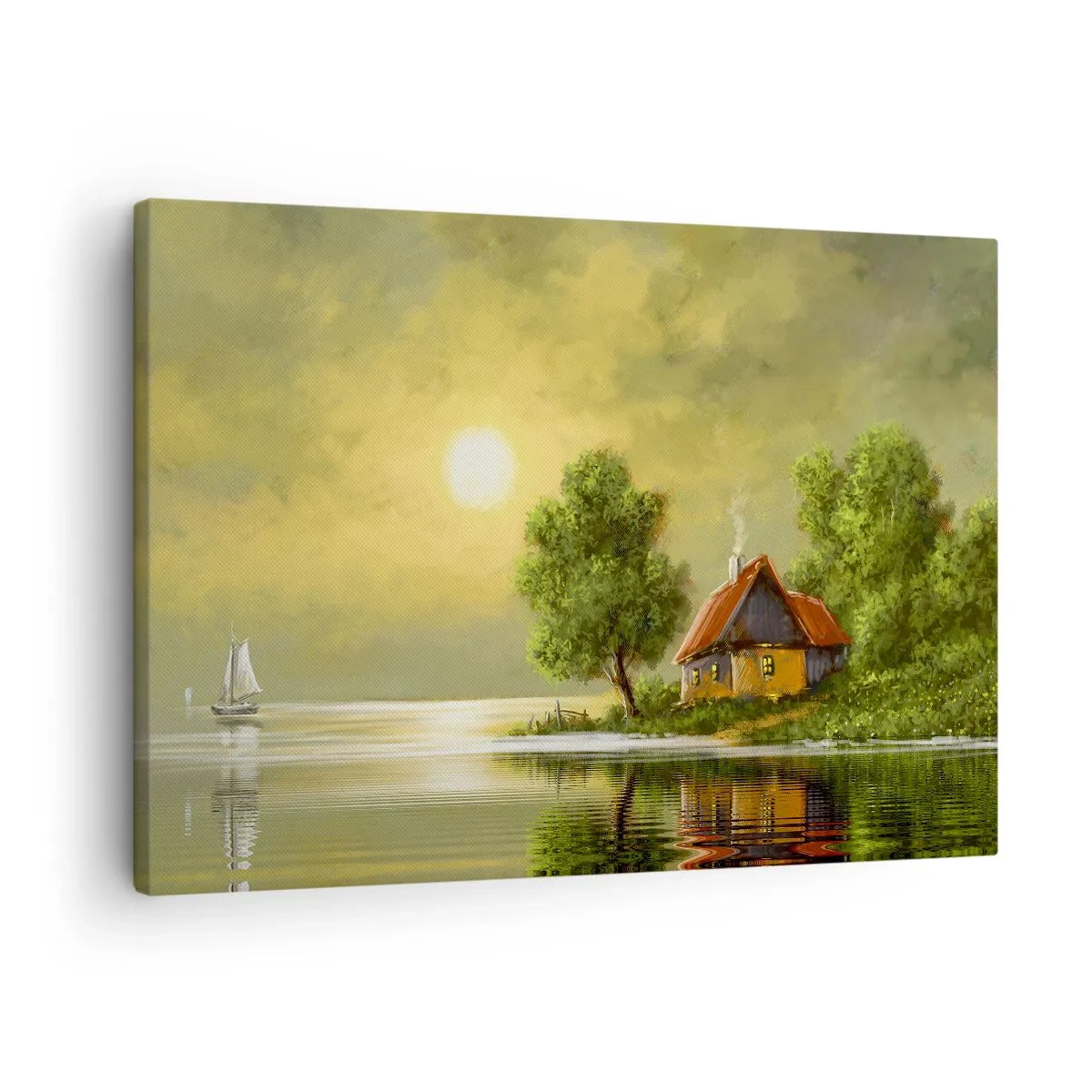 Lærredstryk - Billede på lærred - Søhus i solnedgangslys - 70x50cm - Smukt, som fra et billede - Moderne vægdekoration til stue og soveværelse ARTTOR