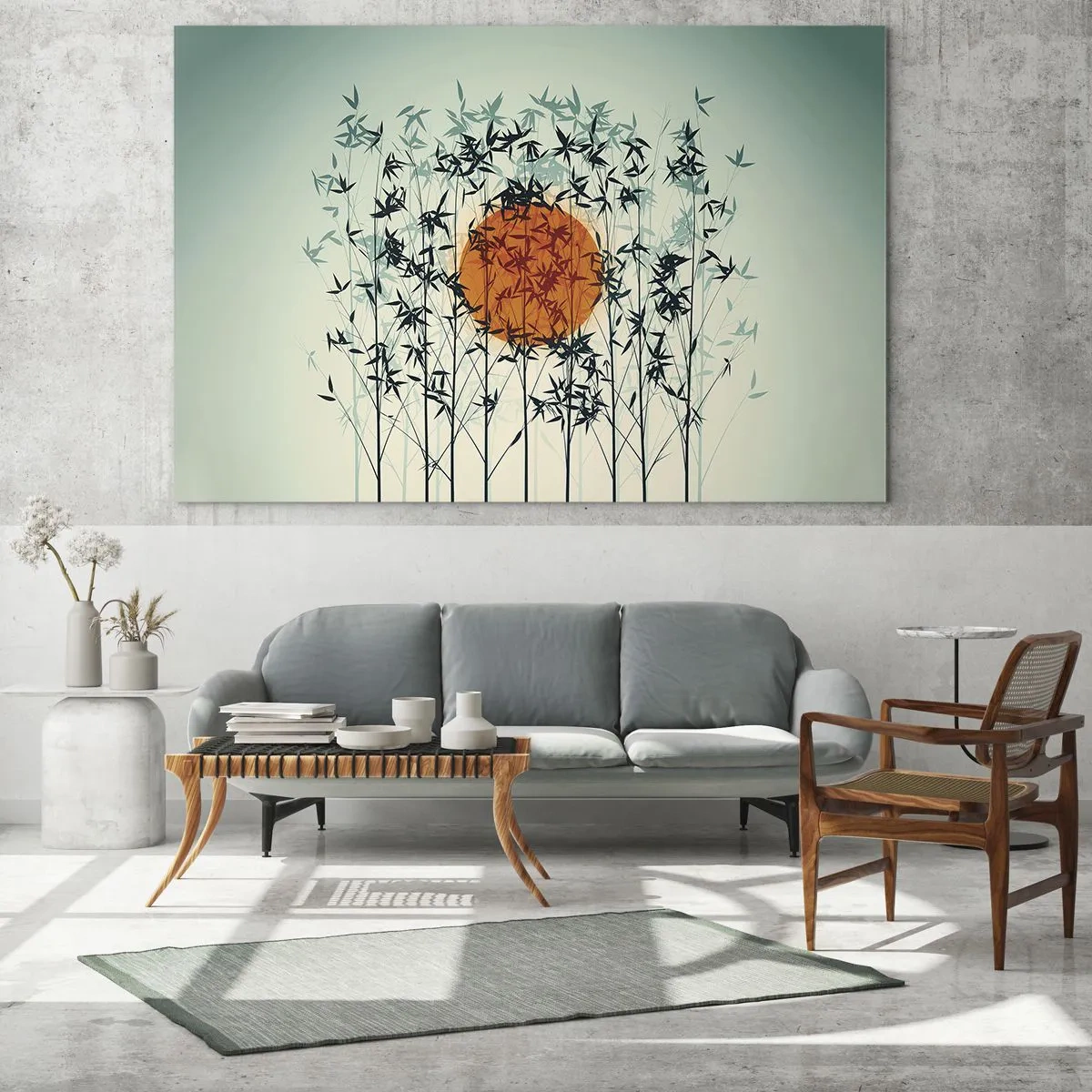 Billede på glas - Rød sol blandt sarte bambusblade - 70x50cm - Japansk sol - Moderne vægdekoration til stue og soveværelse ARTTOR