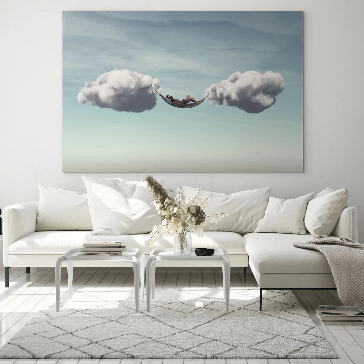 Billede på glas - Hængekøjer i skyer på en blå himmel - 70x50cm - Lykken i øjeblikket - Moderne vægdekoration til stue og soveværelse ARTTOR