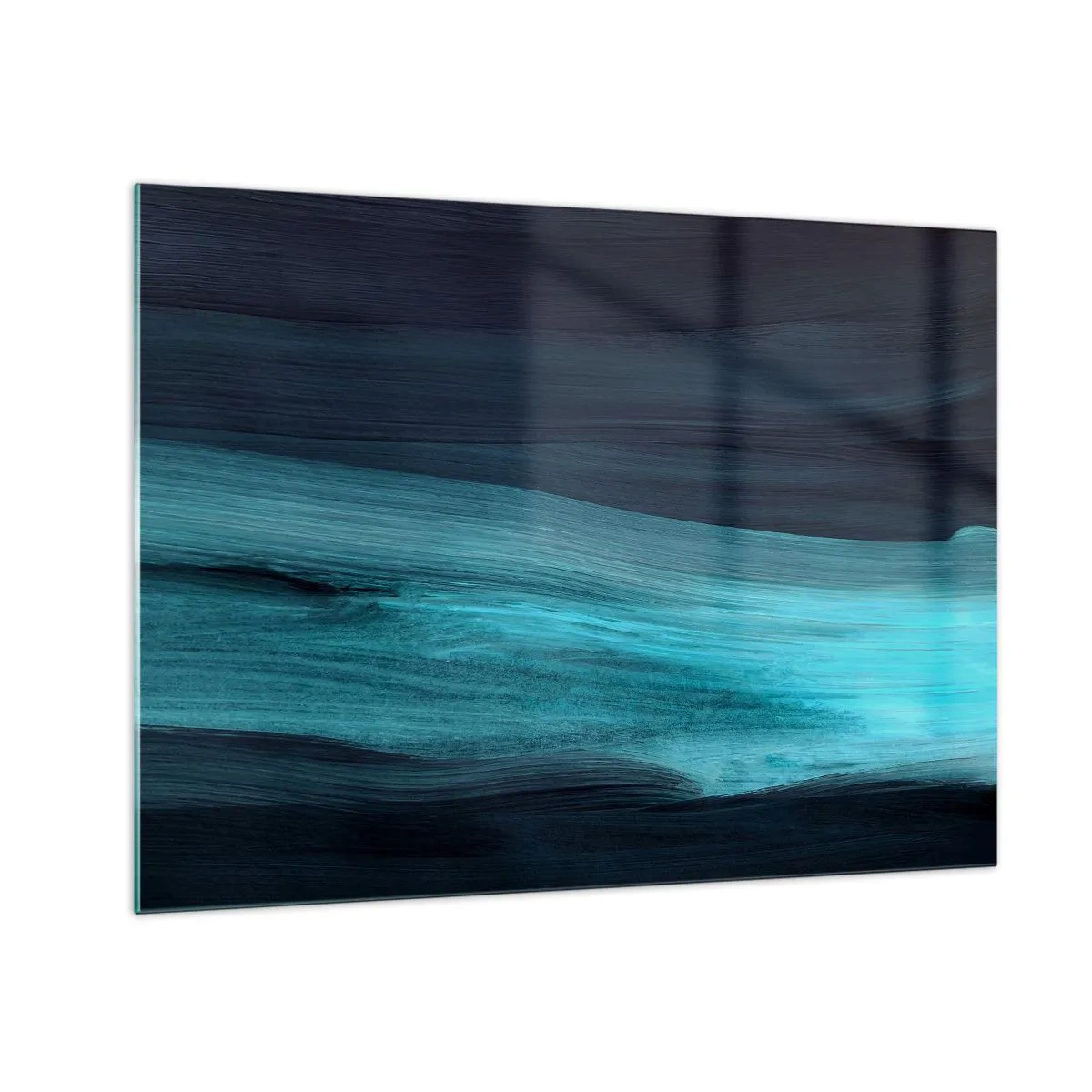 Billede på glas - Abstrakt bølge i nuancer af turkis og marineblå - 70x50cm - Svøm med strømmen - Moderne vægdekoration til stue og soveværelse ARTTOR