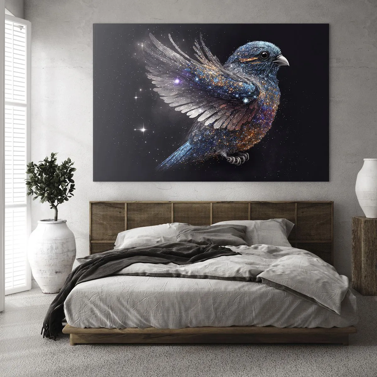Billede på glas - Rumspurv med diamantglimmer - 70x50cm - Diamantspurv - Moderne vægdekoration til stue og soveværelse ARTTOR