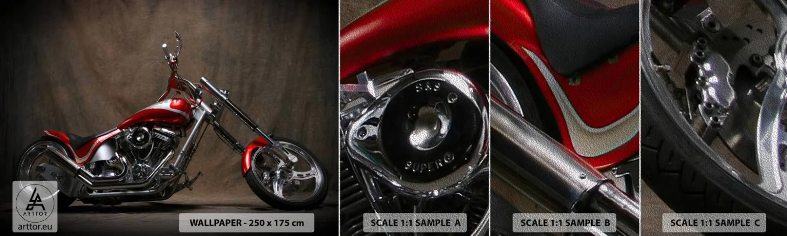 Prøve Fototapet Premium Sand - Rød og sølvfarvet skønhed - Motorcykel, Chopper, Automotive - 100x30 cm