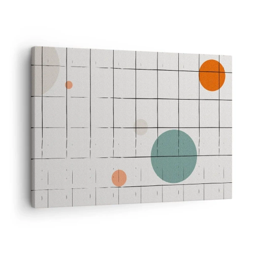 Lærredstryk - Billede på lærred - Abstrakte farvede cirkler på en geometrisk gitterbaggrund - 70x50cm - Fanget i en fælde. Os eller dem? - Moderne vægdekoration til stue og soveværelse ARTTOR