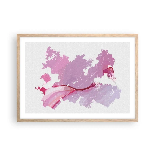 Plakat i ramme af lyst egetræ - Kort over en lyserød verden - 70x50 cm