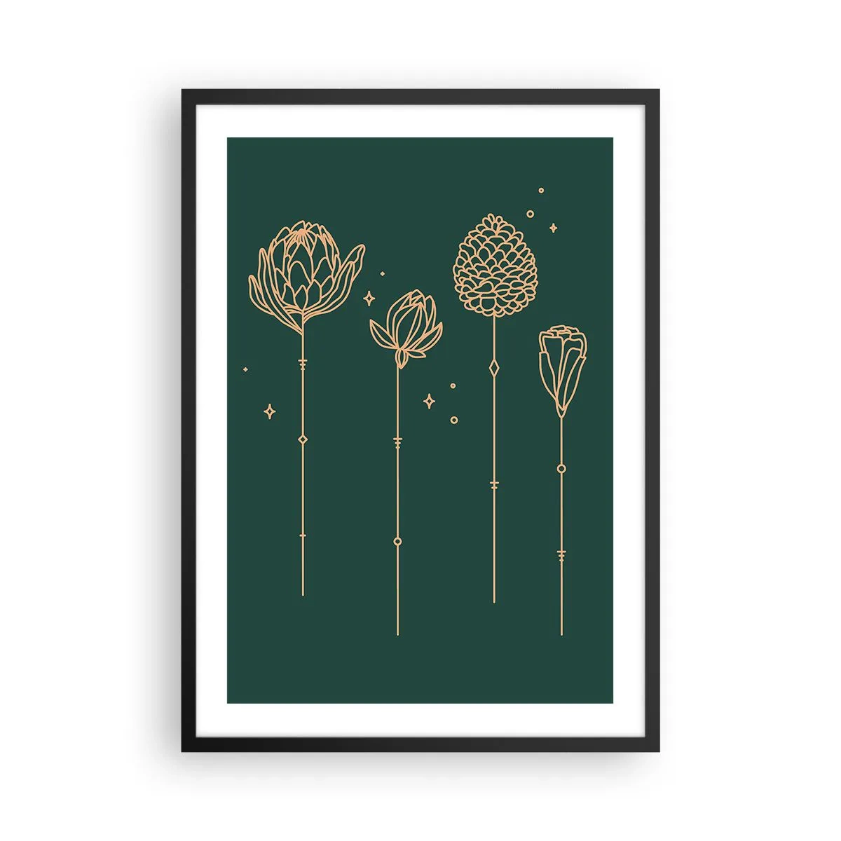 Plakat i sort ramme - Gyldne blomsterkonturer på en mørkegrøn baggrund - 50x70cm - Familien ZIÓŁkowski - Moderne vægdekoration til stue og soveværelse ARTTOR