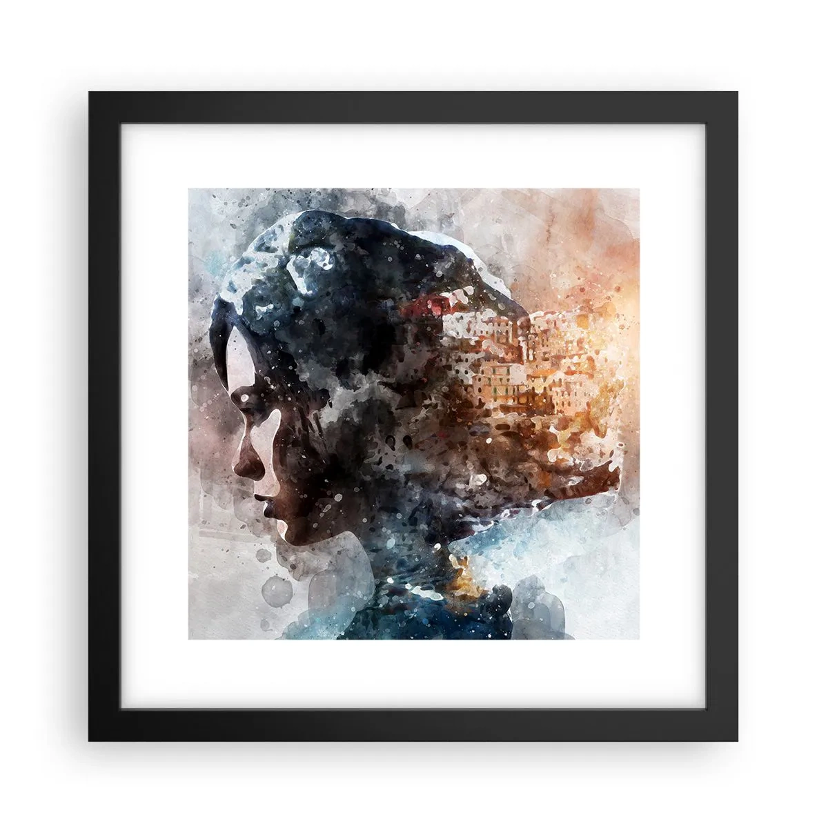 Plakat i sort ramme - Historien om en pige med en by i baggrunden - 30x30 cm