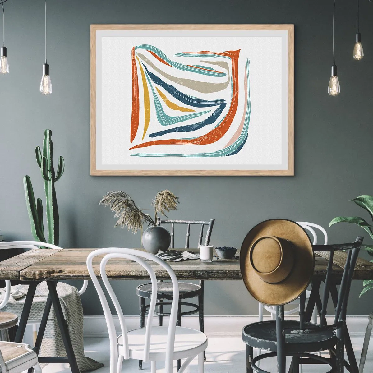 Plakat i ramme af lyst egetræ - Venligt smilende abstraktion - 100x70 cm