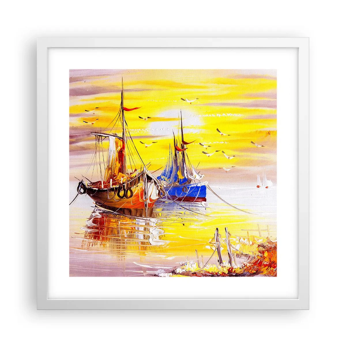 Plakat i hvid ramme - Et velfortjent hvil i havnen - 40x40 cm