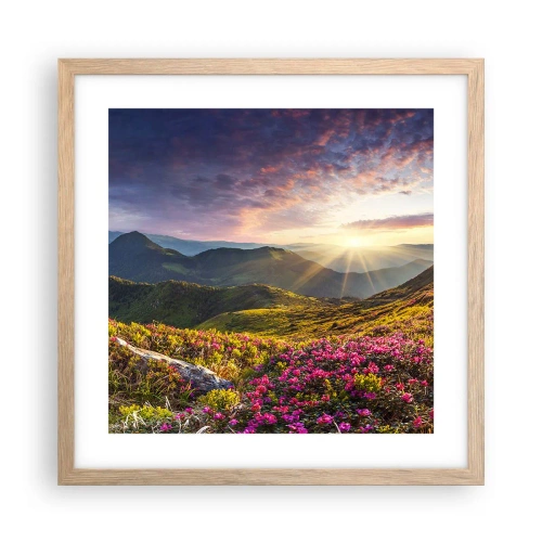 Plakat i ramme af lyst egetræ - Friskheden af en morgen i bjergene - 40x40 cm
