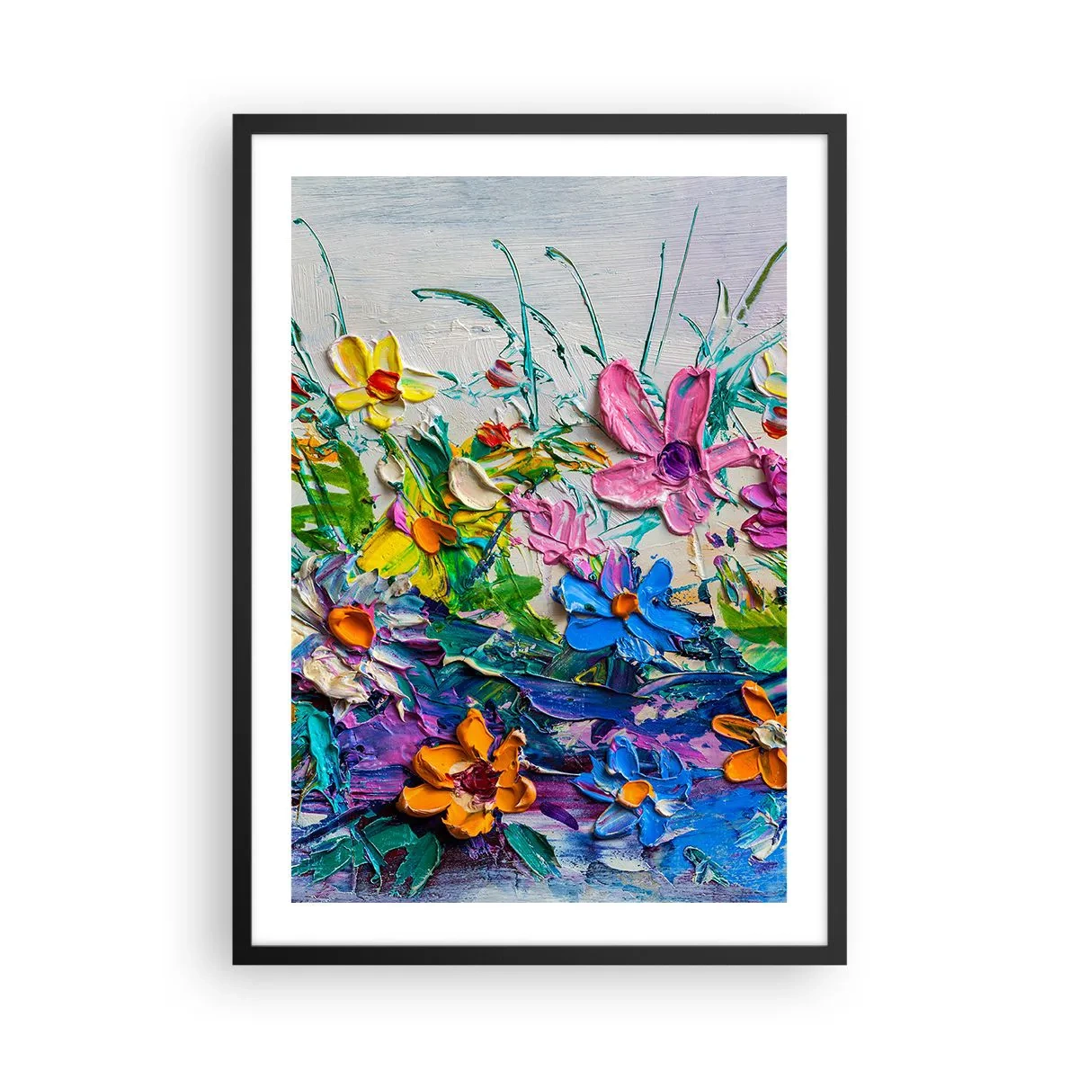 Plakat i sort ramme - En blomsterkomposition malet med en tyk tekstur og levende farver - 50x70cm - Overhovedet ikke et stilleben - Moderne vægdekoration til stue og soveværelse ARTTOR