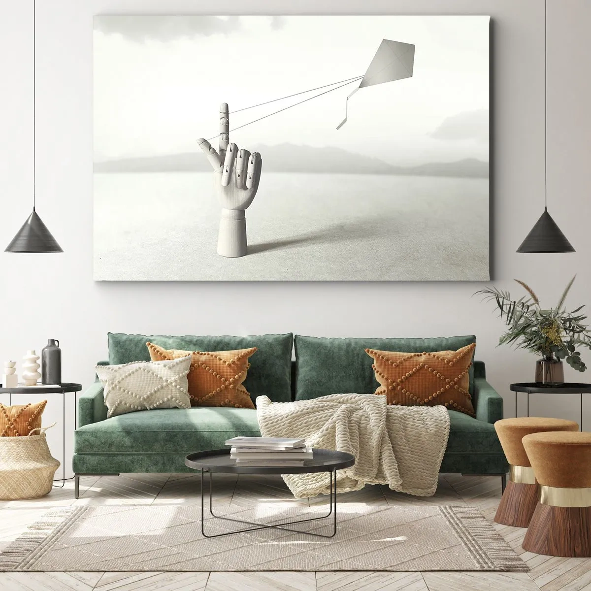 Lærredstryk - Billede på lærred - En minimalistisk træhånd med en drage mod en landskabsbaggrund. - 70x50cm - Styrkeprøve - Moderne vægdekoration til stue og soveværelse ARTTOR