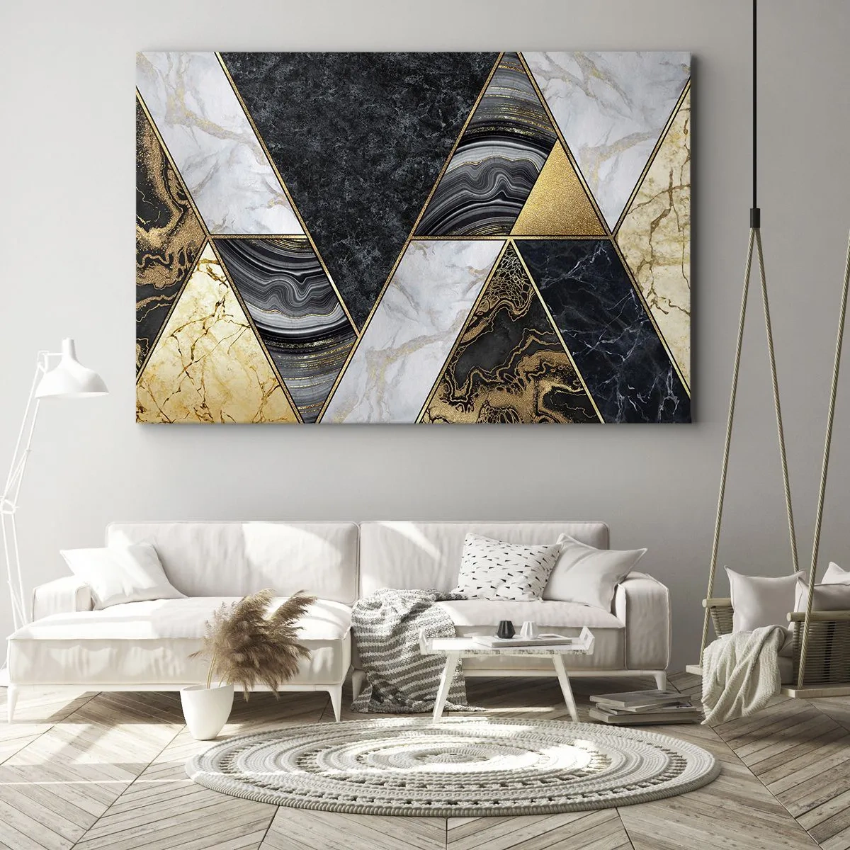 Lærredstryk - Billede på lærred - Geometriske trekanter i guld, marmor og mørke nuancer - 70x50cm - Sten for sten - Moderne vægdekoration til stue og soveværelse ARTTOR