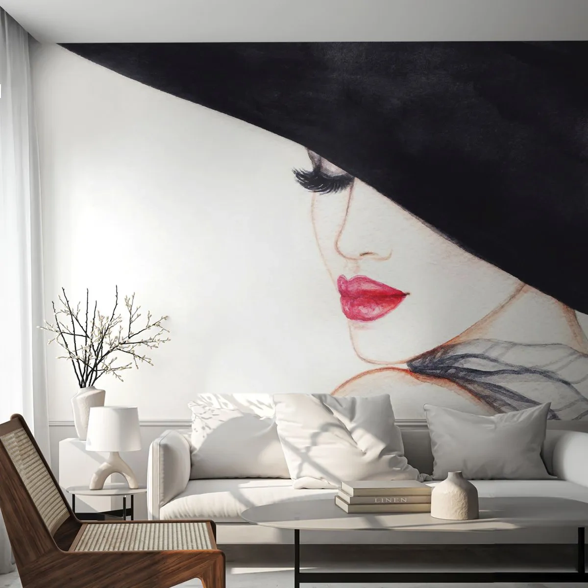 Fototapet Standard Eco - Elegance og sensualitet - Kvinde, røde læber, Sort hat - 400x280 cm