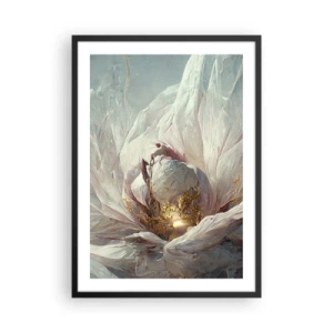 Plakat i sort ramme - En diskret abstraktion med et blomstermotiv i sarte nuancer af hvid og guld. - 50x70cm - Blomstrer en gang om hundrede år - Moderne vægdekoration til stue og soveværelse ARTTOR