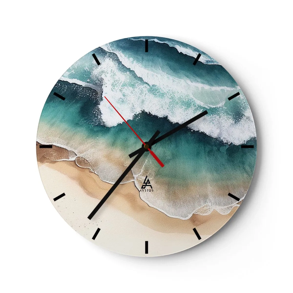 Vægur, Uret - Havbølger, der slår ned på en sandstrand fra fugleperspektiv - 30x30cm - Et evigt møde - Moderne vægdekoration til stue, køkken og soveværelse ARTTOR