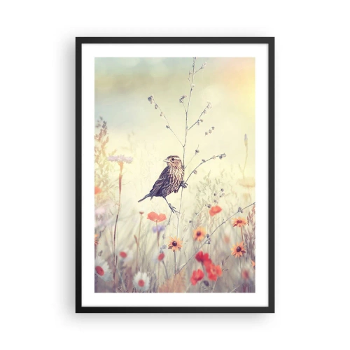 Plakat i sort ramme - En fugl på en eng i sarte pastelfarver - 50x70cm - Fugleportræt med en eng i baggrunden - Moderne vægdekoration til stue og soveværelse ARTTOR