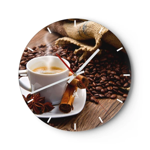 Vægur, Uret - En kop kaffe med krydderier og kaffebønner - 30x30cm - Krydret smag og aroma - Moderne vægdekoration til stue, køkken og soveværelse ARTTOR