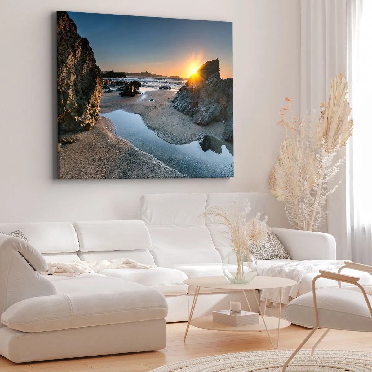 Lærredstryk - Billede på lærred - Malerisk solnedgang på en klippefyldt strand - 70x50cm - Uberørt af menneskehånd - Moderne vægdekoration til stue og soveværelse ARTTOR