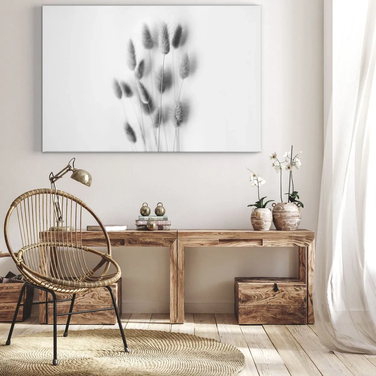 Lærredstryk - Billede på lærred - Sarte græsser i grå nuancer på en hvid baggrund - 70x50cm - Dens bløde græs - Moderne vægdekoration til stue og soveværelse ARTTOR