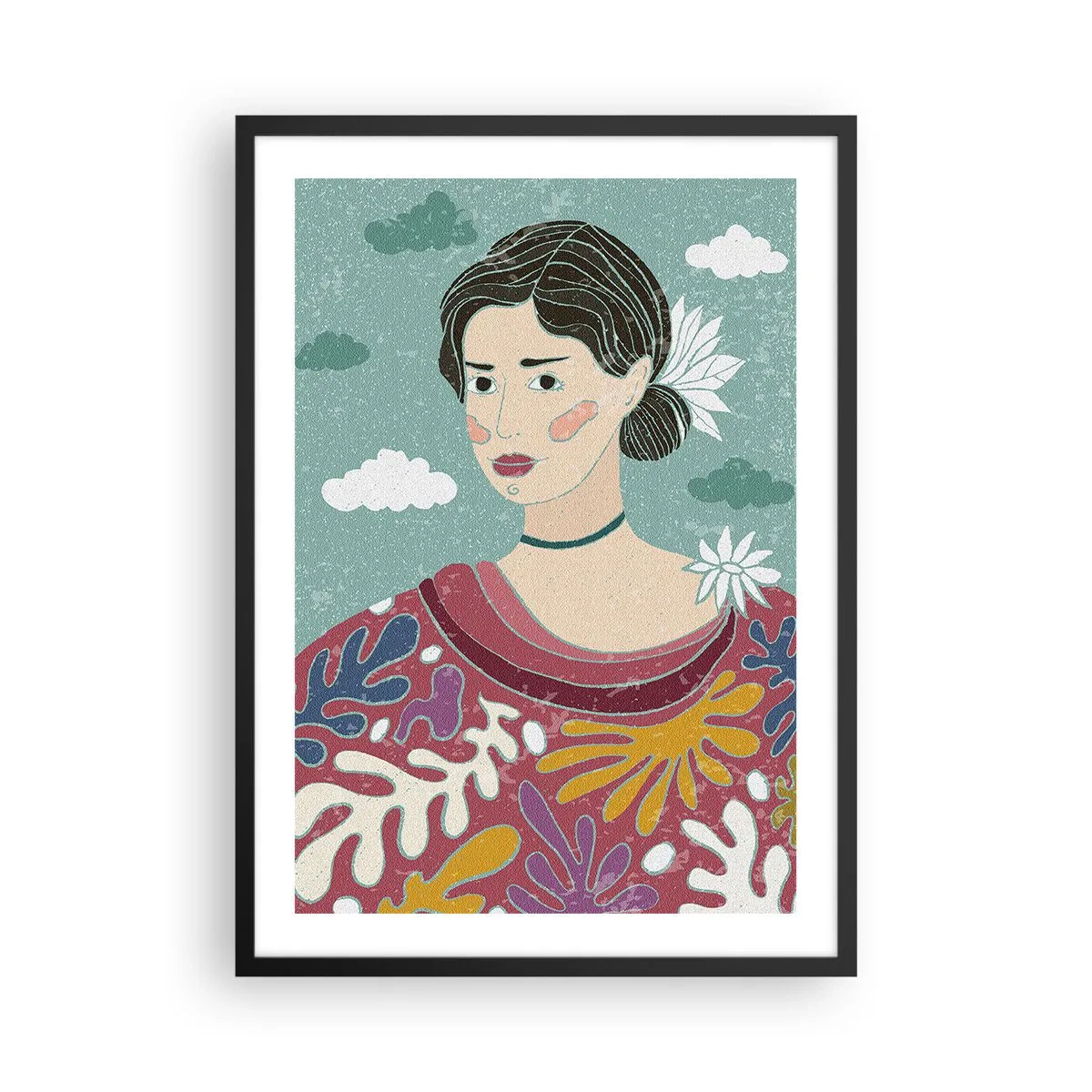 Plakat i sort ramme - Portræt af en kvinde i en farverig, stiliseret kjole mod en baggrund af skyer. - 50x70cm - Med melankoli i dit blik - Moderne vægdekoration til stue og soveværelse ARTTOR