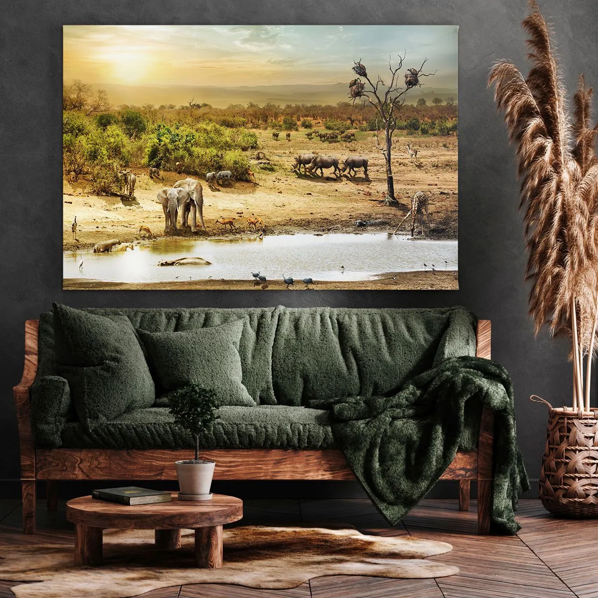 Lærredstryk - Billede på lærred - Elefanter og vilde dyr ved et vandhul ved solnedgang - 70x50cm - "Og ud af Eden flød en flod...". - Moderne vægdekoration til stue og soveværelse ARTTOR