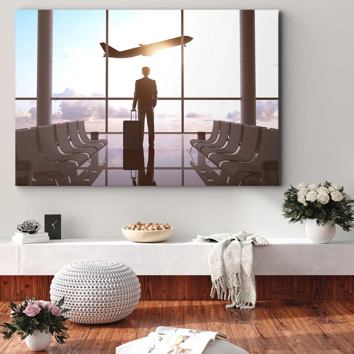 Lærredstryk - Billede på lærred - Forretningsmand i lufthavnen med et fly i baggrunden - 70x50cm - Du har tid, sæt farten ned - Moderne vægdekoration til stue og soveværelse ARTTOR