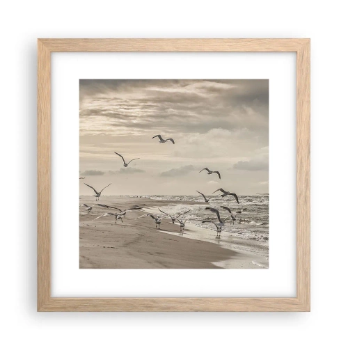 Plakat i ramme af lyst egetræ - Havet brummer, fuglene synger - 30x30 cm