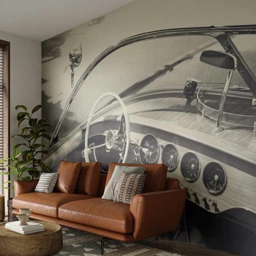 Fototapet Selvklæbende Deluxe Sticker - Vejr for de rige - Vintage båd, Motorbåd, Sort og hvid - 250x175 cm