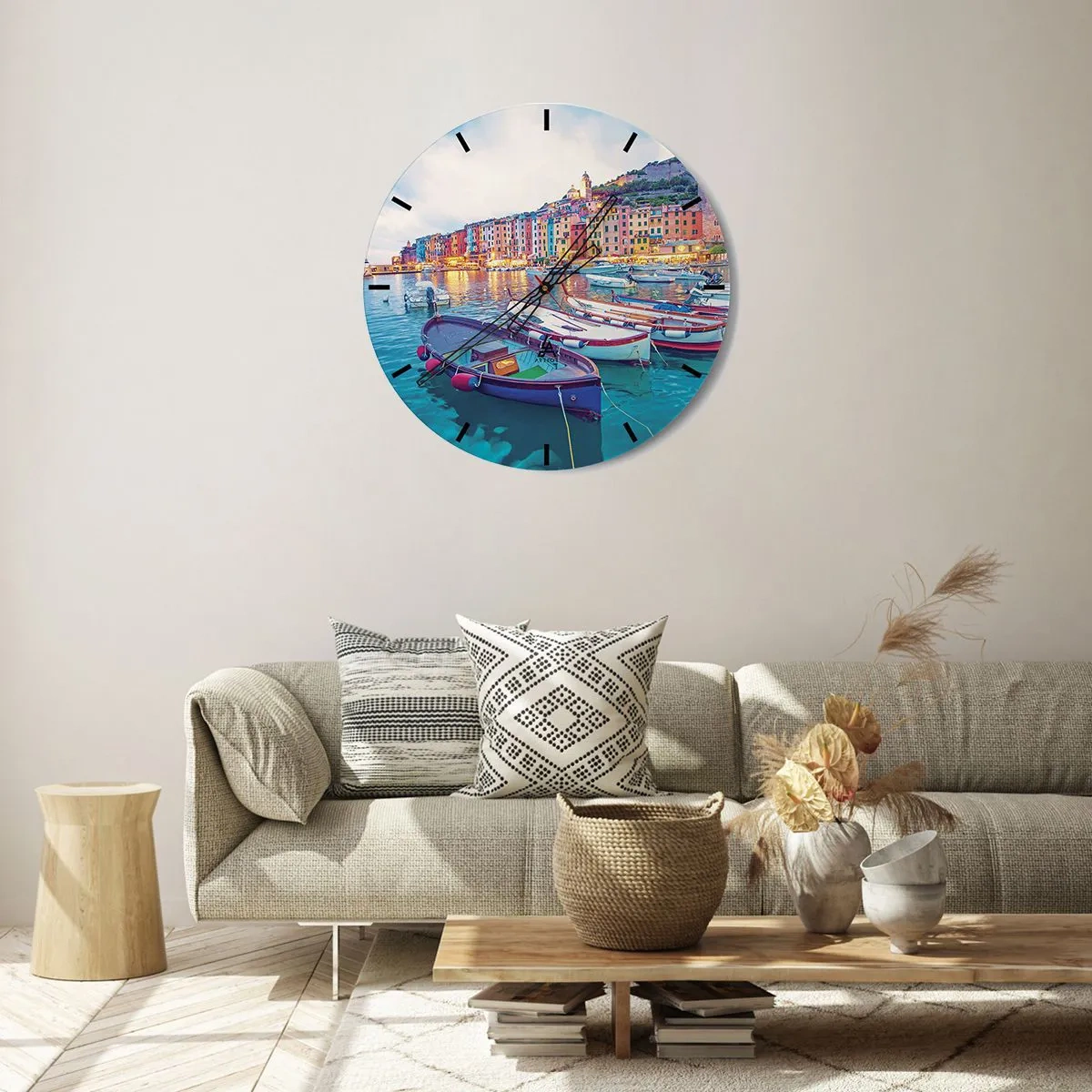 Vægur, Uret - En farverig aften i havnen - 30x30 cm
