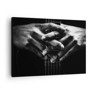 Lærredstryk - Billede på lærred - Hænder foldet på en guitar i en monokromatisk tone - 70x50cm - Kunstnerens bøn - Moderne vægdekoration til stue og soveværelse ARTTOR