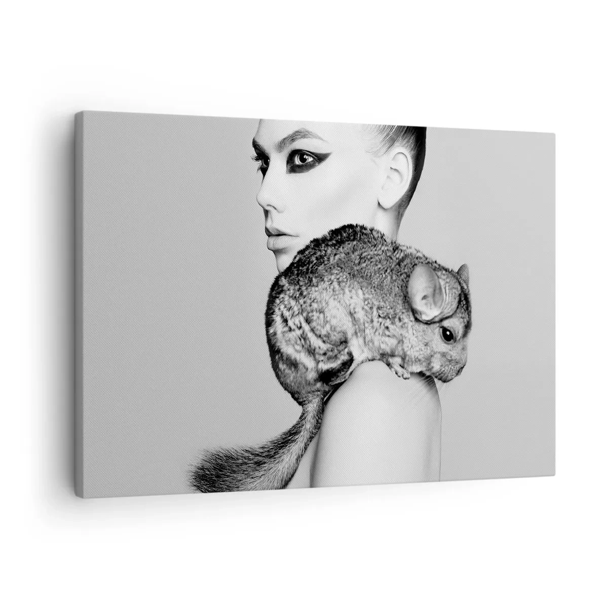 Lærredstryk - Billede på lærred - Stiliseret kvinde med en chinchilla i en elegant sort-hvid komposition - 70x50cm - Dame med en chinchilla - Moderne vægdekoration til stue og soveværelse ARTTOR